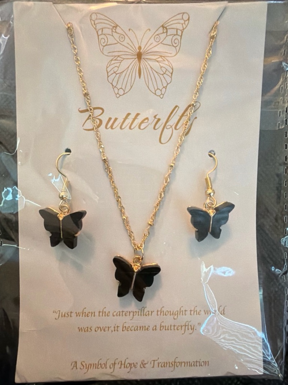Black Butterfly Gold-Tone Necklace & Earring Set